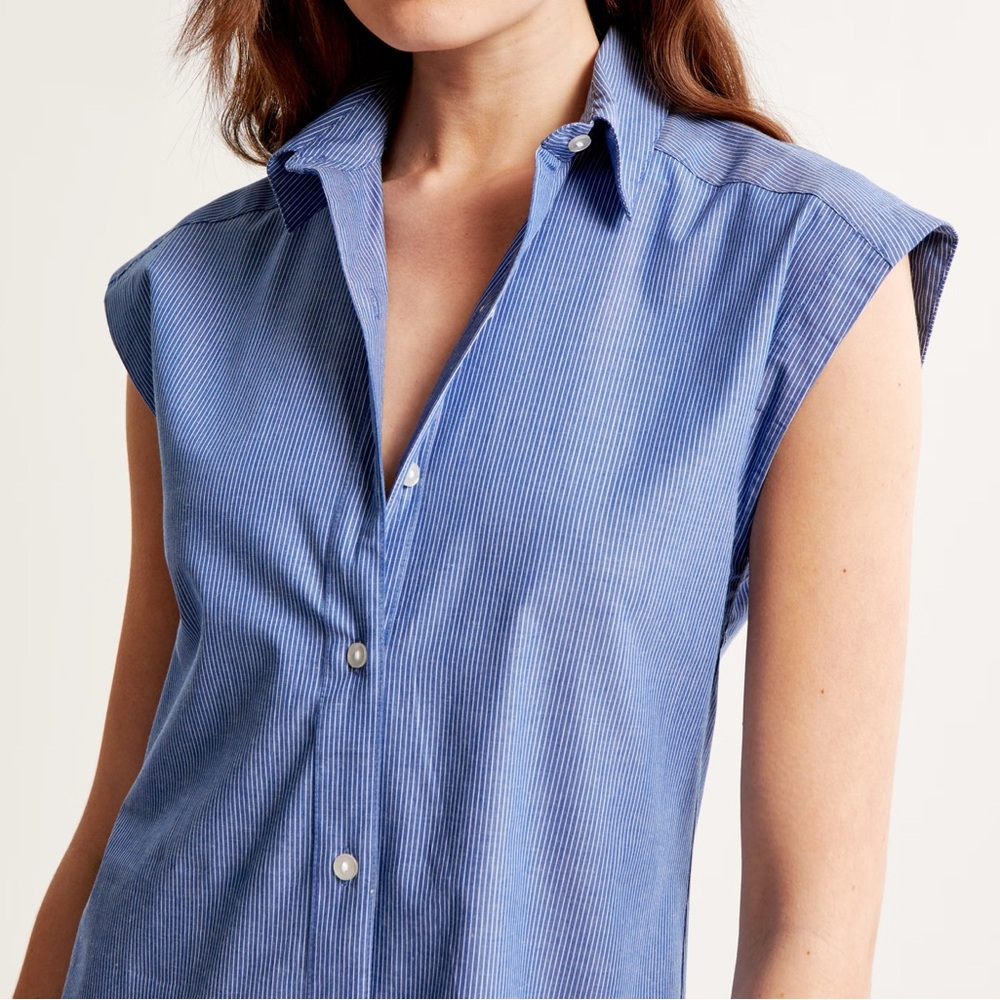 ABERCROMBIE PINSTRIPE COTTON POPLIN MIDI SHIRT DRESS COASTAL RESORT Blue White S - Picture 3 of 11